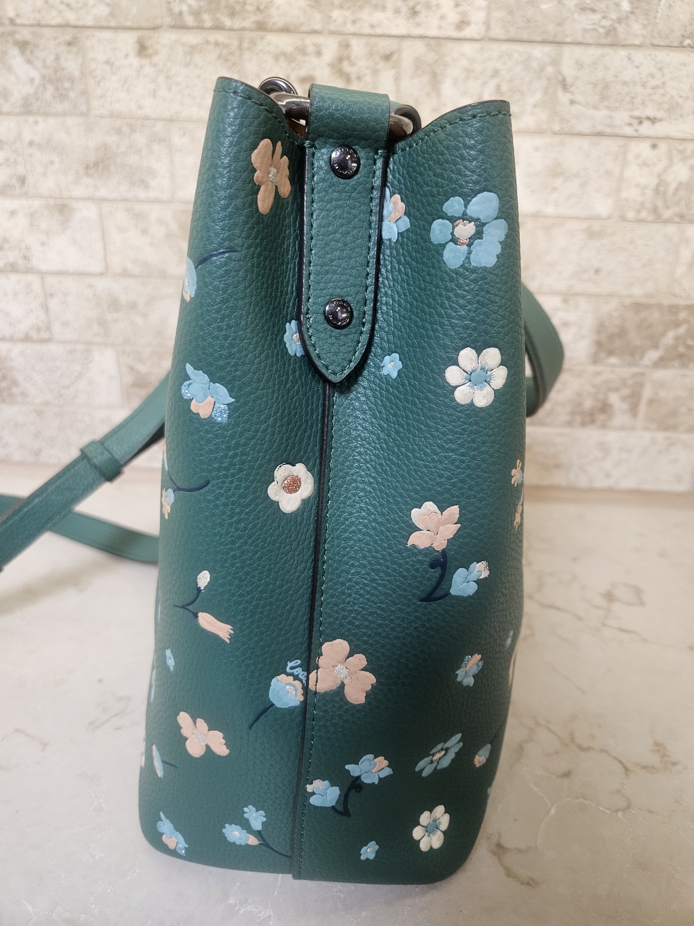 Coach Green Floral Leather Town Bucket - Picture 3 of 10